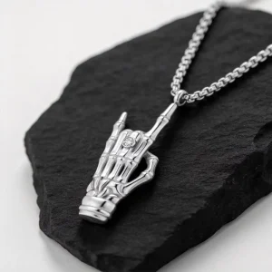 Bone Rock Hand Pendant Stainless Steel Chain Gold Plated Goth Punk Men Street Necklace Slim Accessory Party Wearers