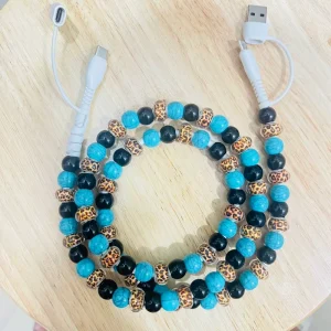Boutiqueaccessory DIY Colorful Leopard Turquoise Beaded USB Dual Charging Cable For Phones