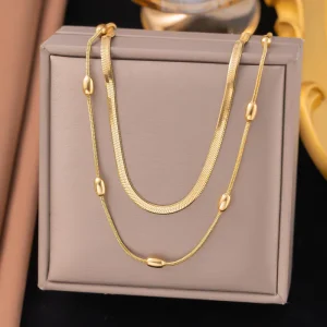 Bow Minimalist Heart Zircon Pendant Gold Plated Stainless Steel Women’s Sporty Bamboo Chain Layered Necklaces