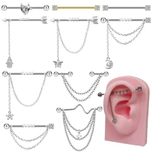 Bow and Arrow Stainless Steel Barbell Earrings Heart Dangle Bar Industrial Piercing Studs Body Jewelry