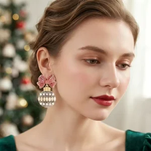 Bow shaped diamond studded pearl earrings for Christmas cute disco ball style earrings festive gift for women