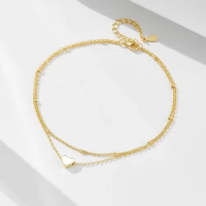 Bowei Anklet S925 Sterling Silver Double Layer Chain Heart Shaped Pendant Women