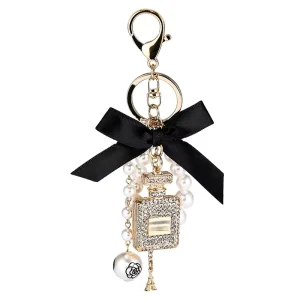 Bowknot Pearl Beads Luxury Stainless Steel Keychain Perfume Bottle Car Handbag Keyring Women’s Purse Wallet Girls’ Bag Charm