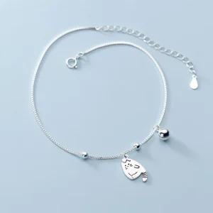 Boxes Chain Anklet 925 Sterling Silver Delicate Small Cat Bell Charm Anklet for Women Fine Jewelry Accessories