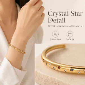 Bracelet for Women 316L Stainless Steel PVD Gold Plated Waterproof Open Cuff Bracelet Crystal Star Jewelry