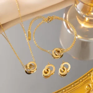 Bracelets Stud Pendant Women 18k Gold Plated Stainless Steel Zircon Roman Numerals Fashion Jewelry Set