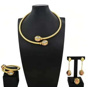 Braided Gold Plated 4Pcs Jewelry Set Necklace Bangle Earrings Ring With Two Tone Inlaid Stone for Wedding Party HS26008