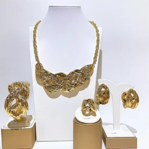 Braided Textured Gold Plated Jewelry Set Chunky Twisted Necklace Hoop Earring Bangle Ring Nigerian Wedding Jewel HK0216