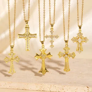 Brass 18K Gold Plated Cross Pendant Necklace With Zircon Trendy High End Versatile Color Lasting Fashion Jewelry Necklaces