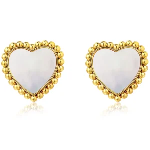 Brass 18K Gold Plated White Mother of Pearl Heart Stud Earrings Unisex Custom Jewelry