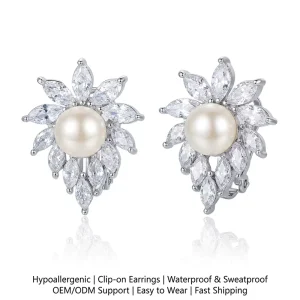 Brass Bridal Wedding Clip Earrings for Unpierced Ears Marquise Imitation Pearl CZ Floral Hypoallergenic Rhodium Plated