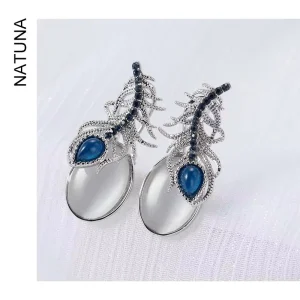 Brass Cat Eye Stone Zircon Stud Earrings Rhodium Brass Earrings for Party