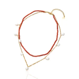 Brass Geometric Red Beads Natural Pearls Double Layers Real Gold Plated Certified Strand Necklace Women