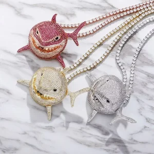 Brass Gold Silver Rose Mens Necklace Shark Pendant Cubic Zirconia Full Pave Tennis Chain Iced Out Hip Hop Jewelry Gifts