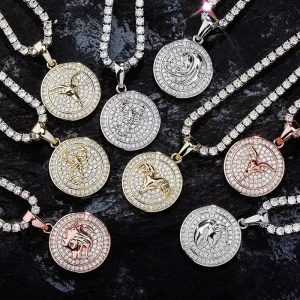 Brass Gold Silver Rose Mens Necklace Zodiac Horoscope Pendant Round Medal Cubic Zirconia Iced Out Rope Chain Hip Hop Jewelry