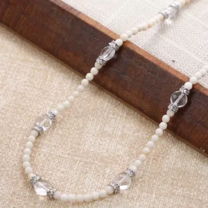 Brass Jewelry Real Gold Plated White Beaded Necklace Clear Quartz Rhinestone Accents Adjustable Chain Trendy Gift Women