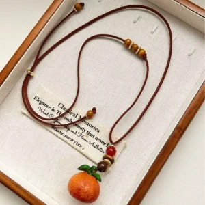 Brass Orange Beaded Pendant Necklace Trendy Women’s Commuting Gift Accessory