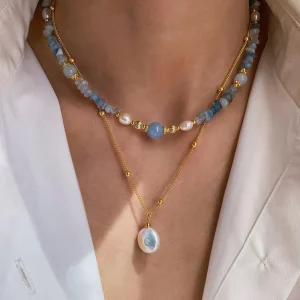 Brass Plated 18K Gold Natural Pearls Natural Blue Stone Crystal Bead Link Necklace Unisex Jewelry Party