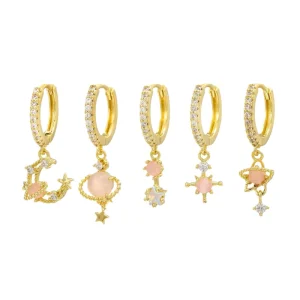 Brass Star Moon Pendants Earrings Set Fashion Gold Plated Zircon Pendant Earring Set for Party