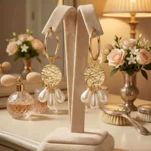 Brass Textured Hammered Coin Ladies 18K Gold Plated Pearl Dangly Drop Earrings for Women