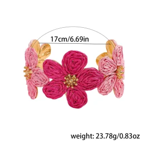 Brazaletes De Pulsera Finos Summer Raffia Design Flower C-Shaped Openable Alloy Cuff Gold Fine Bracelet & Bangles