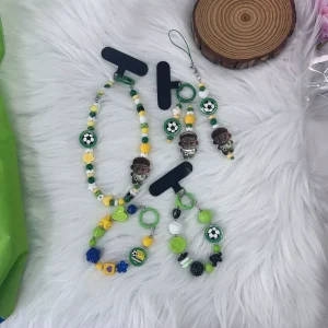 Brazil National Team Color Beaded Phone Charm with Soccer Star Figure Durable Plastic Beads Strap