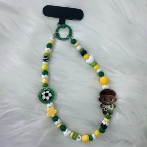 Brazilian Football Star Beaded Plastic Mobile Phone Chain Green and Yellow Color Matching Hanging Decoration