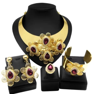 Brazilian Gold Bridal Jewelry Set Red Flowers Bracelet Earrings Ring Jewelry Set for Women Costume Accessories H00282
