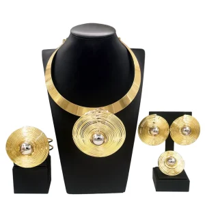 Brazilian Gold Costume Bridal Round Pendant 24k Gold Filled Fashion Party Women Gifts 4 Pieces Jewelry Sets H20112