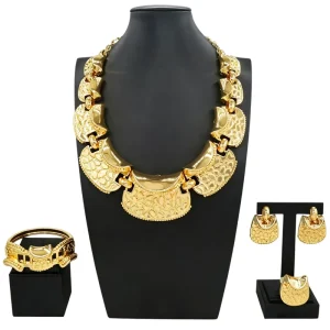 Brazilian Gold Jewelry Set Necklace Bracelet Earrings Ring Four Piece Set Hollow Pendant Woman Jewellery Set
