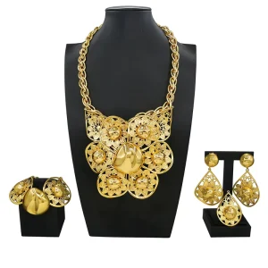 Brazilian Gold Jewelry Set Necklace Bracelet Earrings Ring Four Piece Sets Floral Fashion Woman Wedding Jewellery Set
