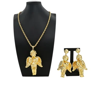 Brazilian Gold Jewelry Set Necklace Bracelet Earrings Ring Two Piece Set Angel Pendant Cuban Jewellery Set