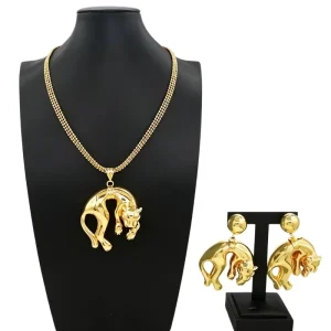 Brazilian Gold Jewelry Set Necklace Bracelet Earrings Ring Two Piece Set Leopard Animal Pendant Woman Cuban Jewellery Set