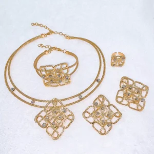 Brazilian Gold Plated 4Pcs Jewelry Set Filigree Square Pendant Double-Layer Necklace With Silver Beads for Women Wedding Party