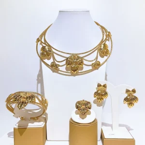 Brazilian Gold Plated 4Pcs Jewelry Set Multi Layer Mesh Chain With 3D Leaf Pendant for Women Wedding Party