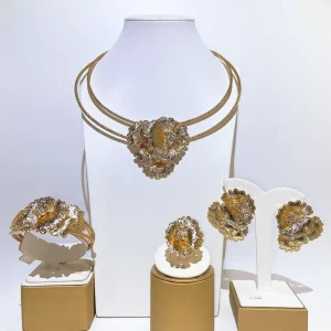 Brazilian Gold Plated 4Pcs Jewelry Set Textured 3D Flower Pendant Double Layer Necklace for Women Wedding Party
