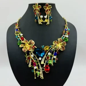 Bridal Crystal Flower Colored Necklace Earring Set Wedding Banquet Jewelry Set