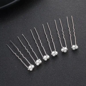 Bridal Hair Accessories Flower Hairpins Pearl Headpieces with Clear Stone Silver Pack of 6