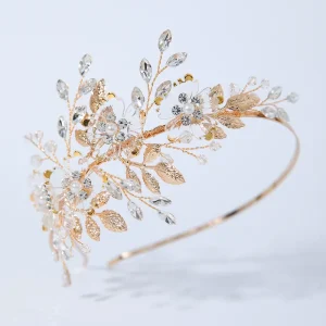 Bridal Headband Crown Gold Plating Alloy Leaf Hairband Handmade White Resin Flower Women’s Fashion Headband