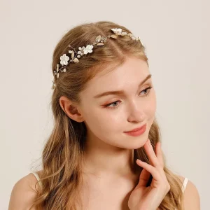 Bridal Headband Gold Leaf Wedding Hair Vine Ceramic Flower Pearl Bridesmaid Tiara Crown Hairpiece