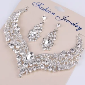 Bridal Jewelry Rhinestone Large Crystal Necklace Earrings Set Ornaments Wedding Accessories for Women