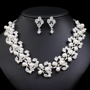 Bridal Jewelry Vintage Pearl Leaf Necklace Rhinestone Necklace Earrings Pearl Formal Costume Jewelry Set for Women