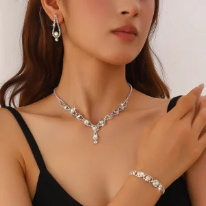 Bridal Rhinestone Jewelry Set Sparkling Crystal Necklace Earrings Bracelet Women Wedding Evening Party Accessories