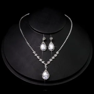Bridal Rhinestone Necklace Earrings 2-Piece Crystal Jewelry Set, Drop Pendant