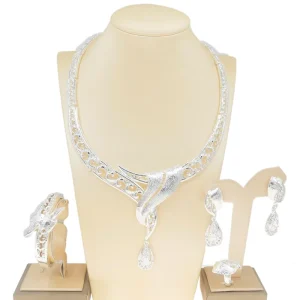 Bridal Selver Costume Jewelry Set Collar Necklace Design Earrings Bridesmaid Women’s Jewelry Set