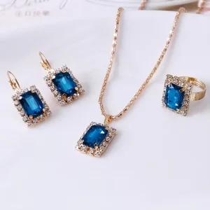 Bridal Wedding Fashion Luxury Designer Jewelry Sets Crystal Square Pendant Necklace Ring Earrings Blue Jewelry Sets for Women