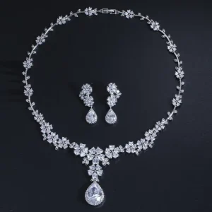 Bridal Wedding Jewelry Necklace Set High Quality Zircon Trendy Silver Plated Brass Women’s Jewelry Set