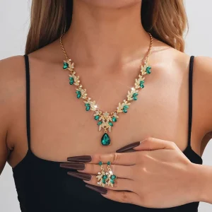 Bridal Wedding Party Bamboo Alloy Evening Gown Necklace Earrings Two Piece Collarbone Chain Women’s Fashion Jewelry