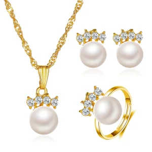 Bridal Wedding Pearl Jewelry Set Woman 18K Gold Plated Zircon Elegant Alloy Necklace Earring Ring Set