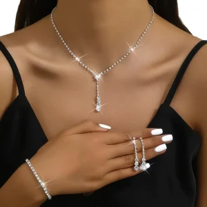 Bridal Wedding Prom Dresses Costume Jewelry Accessories Silver Jewelry Set for Prom Drop Crystal Necklace Earring Bracelet Set